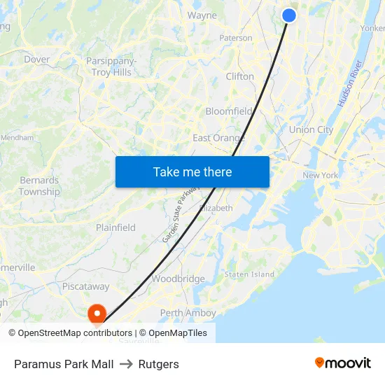 Paramus Park Mall to Rutgers map