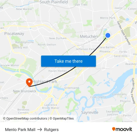 Menlo Park Mall to Rutgers map