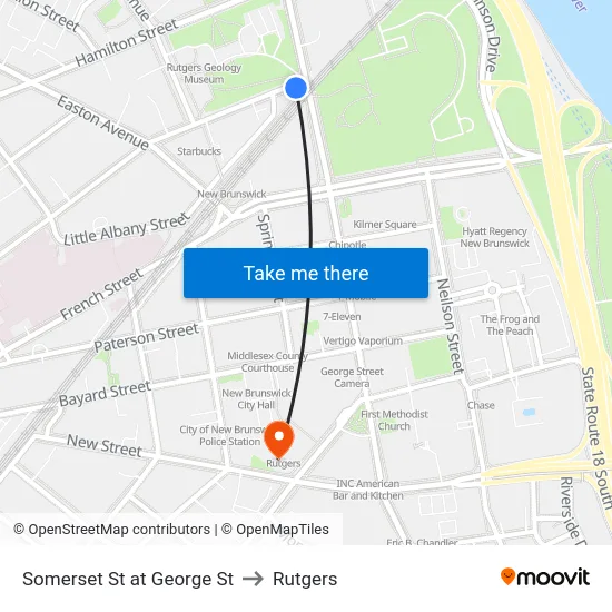 Somerset St at George St to Rutgers map