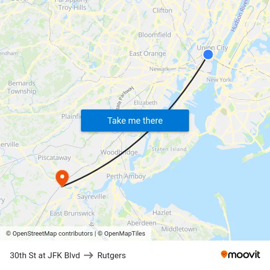 30th St at JFK Blvd to Rutgers map
