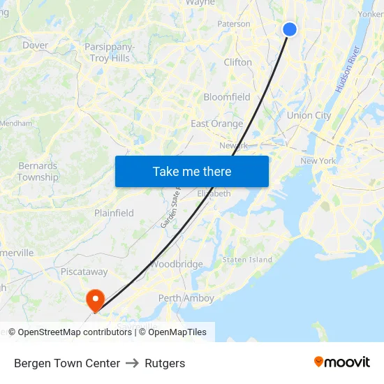 Bergen Town Center to Rutgers map