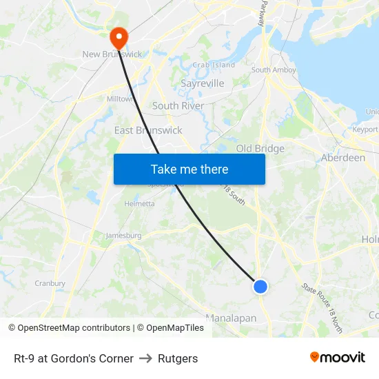 Rt-9 at Gordon's Corner to Rutgers map