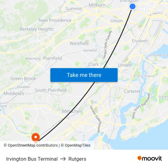 Irvington Bus Terminal to Rutgers map