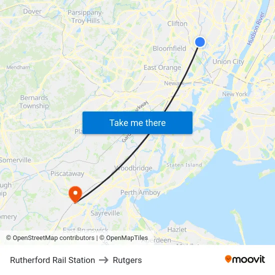 Rutherford Rail Station to Rutgers map