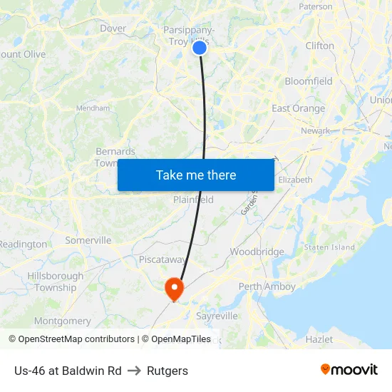 Us-46 at Baldwin Rd to Rutgers map