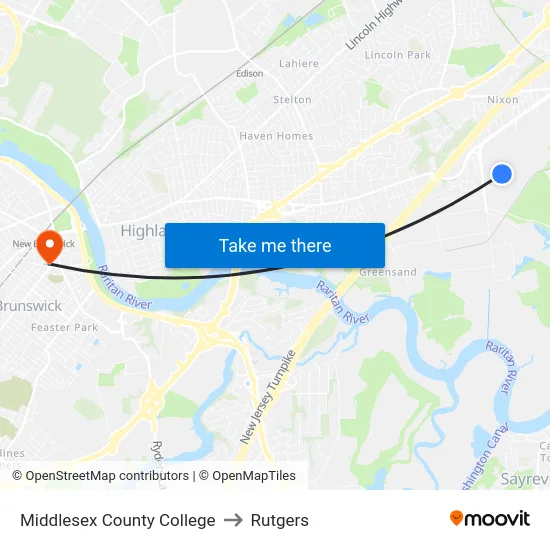 Middlesex County College to Rutgers map