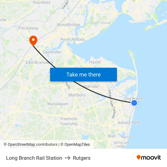 Long Branch Rail Station to Rutgers map