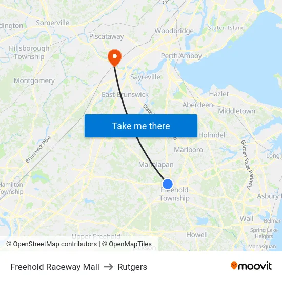 Freehold Raceway Mall to Rutgers map