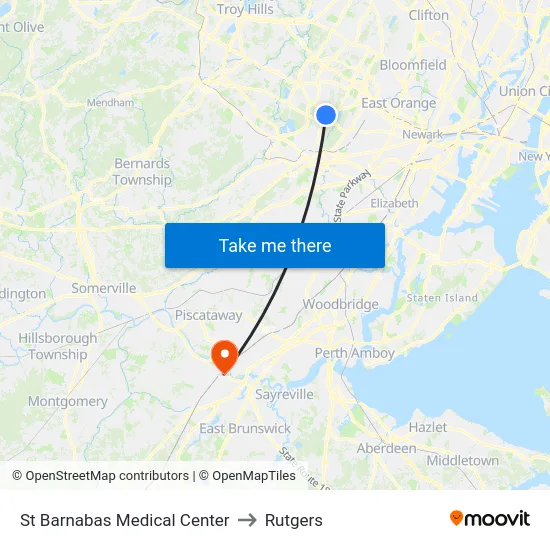 St Barnabas Medical Center to Rutgers map
