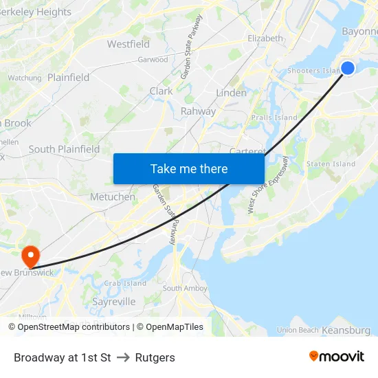 Broadway at 1st St to Rutgers map