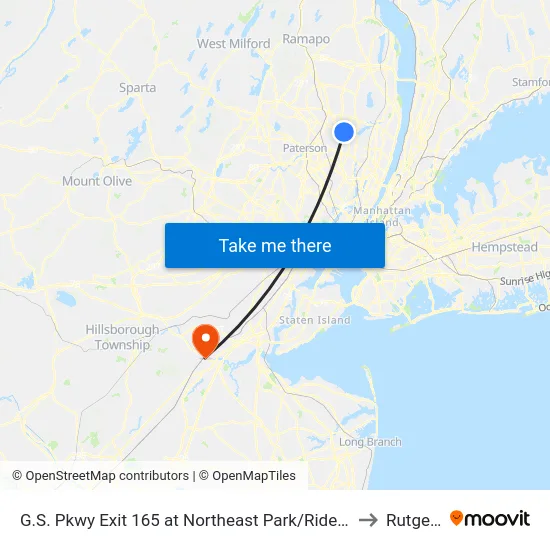 G.S. Pkwy Exit 165 at Northeast Park/Ride Lot to Rutgers map