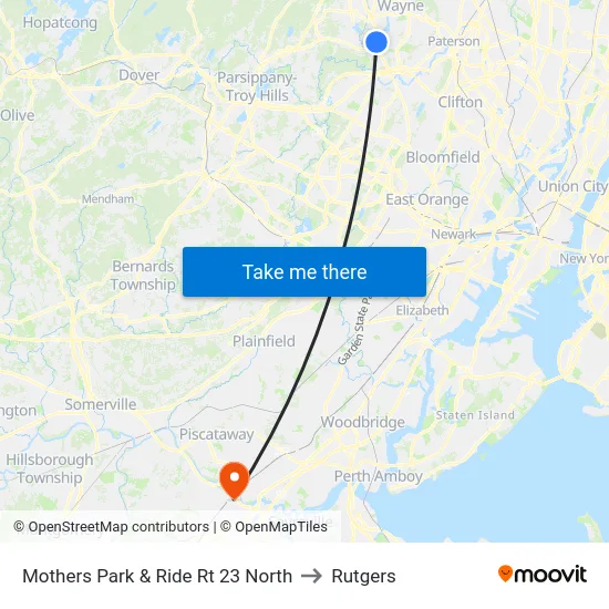 Mothers Park & Ride Rt 23 North to Rutgers map