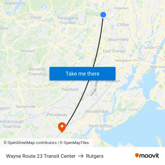 Wayne Route 23 Transit Center to Rutgers map
