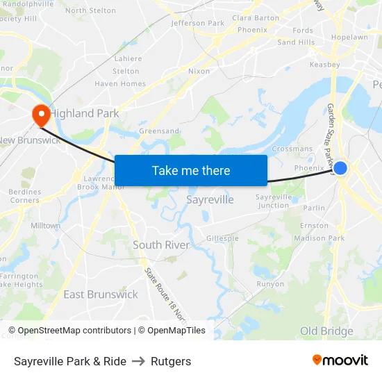 Sayreville Park & Ride to Rutgers map