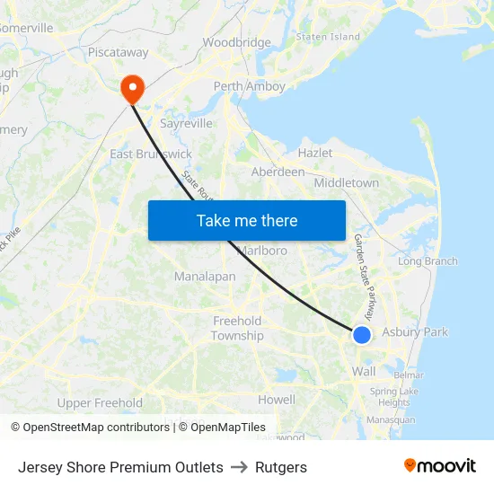 Jersey Shore Premium Outlets to Rutgers map