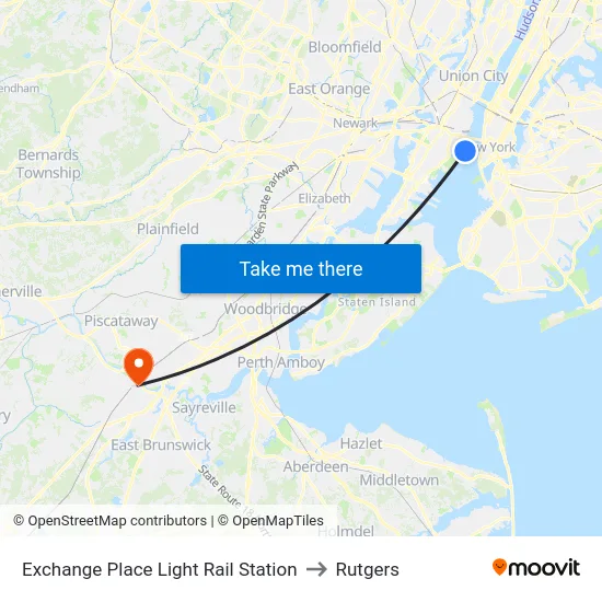 Exchange Place Light Rail Station to Rutgers map