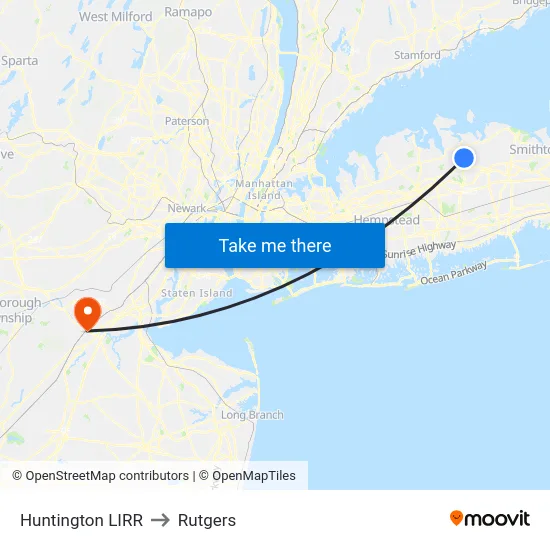 Huntington LIRR to Rutgers map
