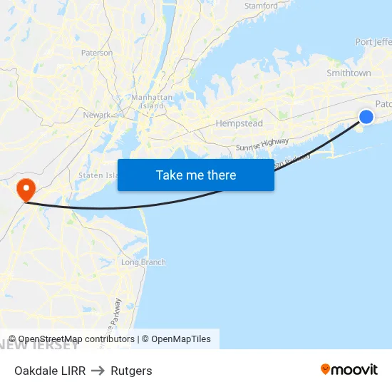 Oakdale LIRR to Rutgers map