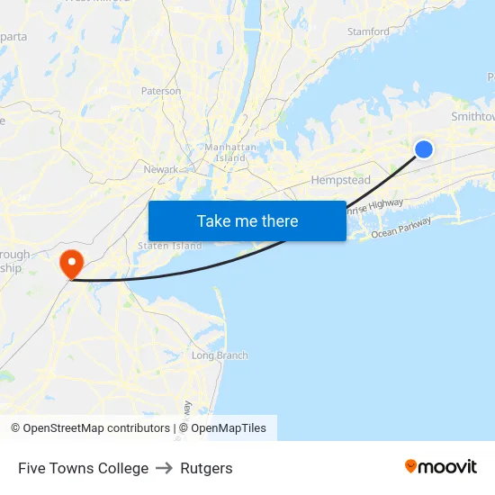 Five Towns College to Rutgers map