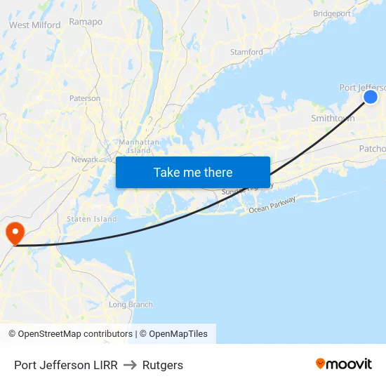 Port Jefferson LIRR to Rutgers map