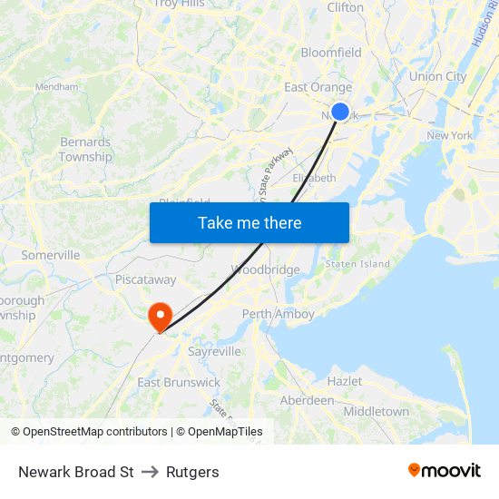 Newark Broad St to Rutgers map