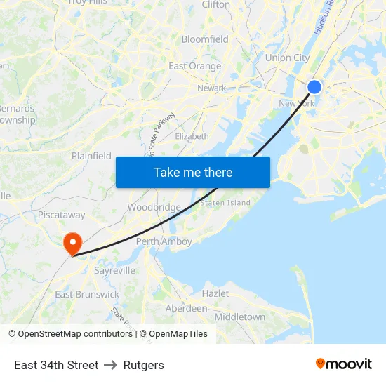 East 34th Street to Rutgers map