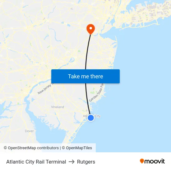 Atlantic City Rail Terminal to Rutgers map