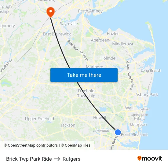 Brick Twp Park Ride to Rutgers map