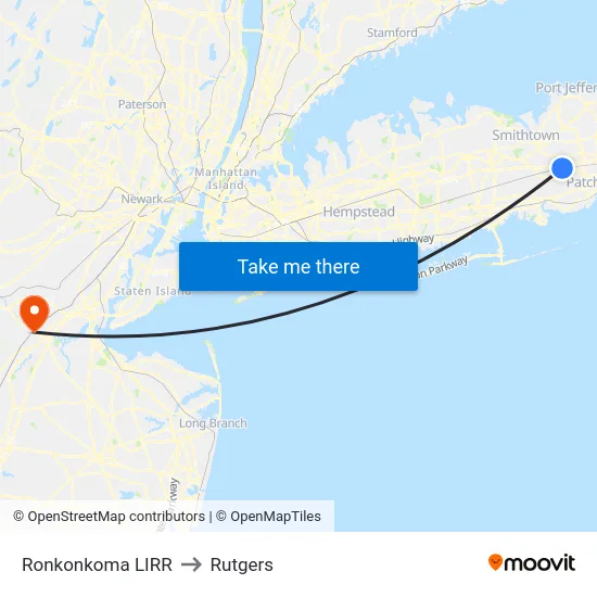 Ronkonkoma LIRR to Rutgers map