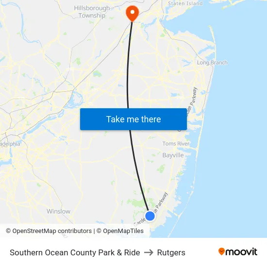 Southern Ocean County Park & Ride to Rutgers map