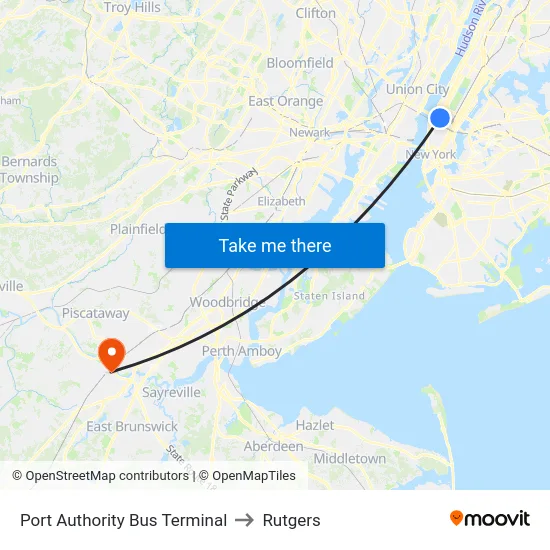 Port Authority Bus Terminal to Rutgers map