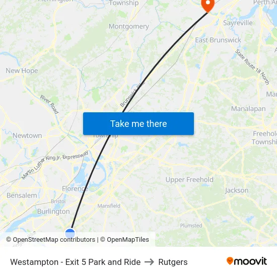 Westampton - Exit 5 Park and Ride to Rutgers map
