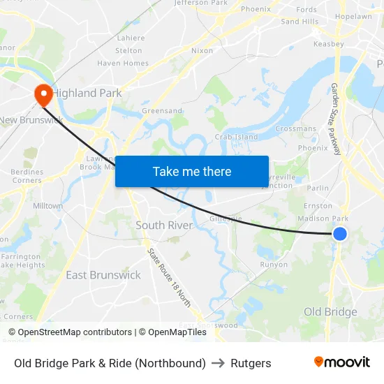 Old Bridge Park & Ride (Northbound) to Rutgers map