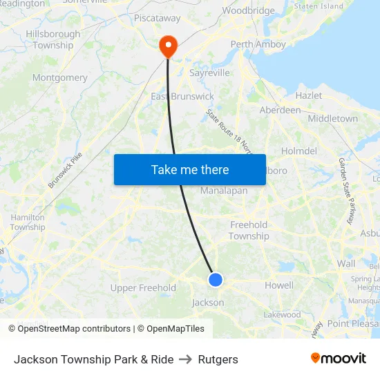 Jackson Township Park & Ride to Rutgers map