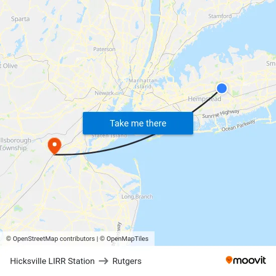 Hicksville LIRR Station to Rutgers map