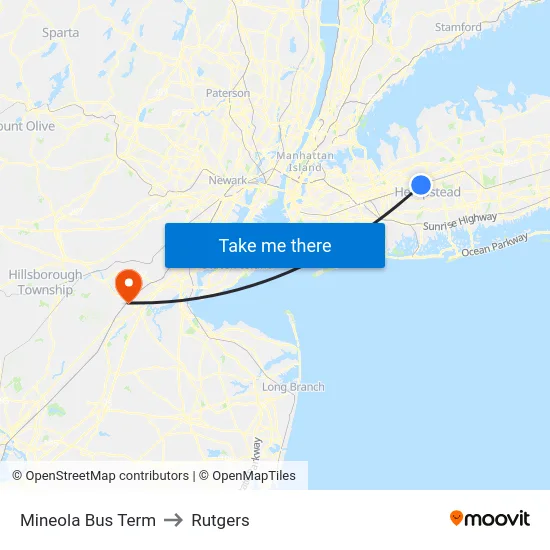 Mineola Bus Term to Rutgers map