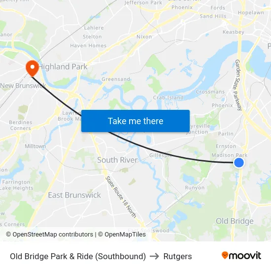 Old Bridge Park & Ride (Southbound) to Rutgers map