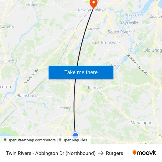 Twin Rivers -  Abbington Dr (Northbound) to Rutgers map