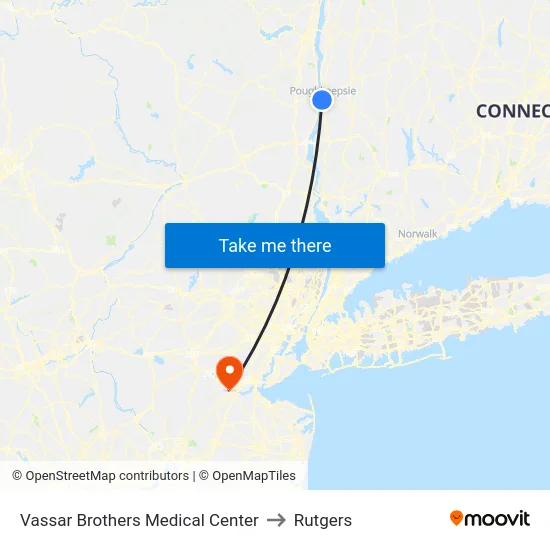 Vassar Brothers Medical Center to Rutgers map