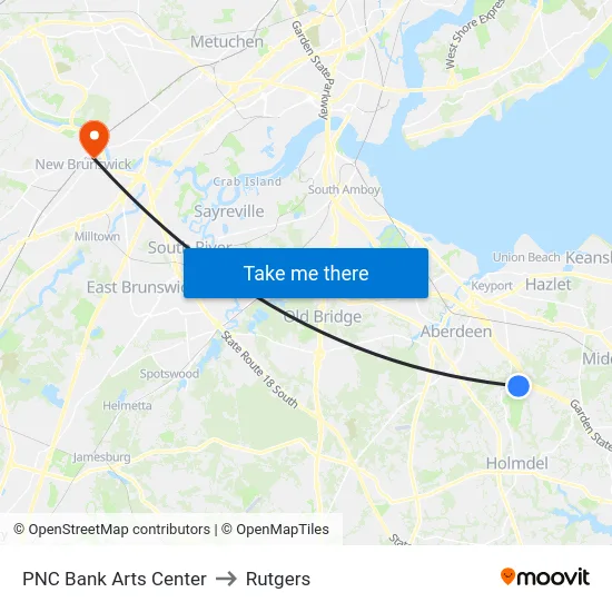 PNC Bank Arts Center to Rutgers map
