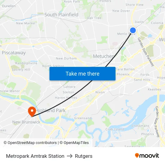 Metropark Amtrak Station to Rutgers map