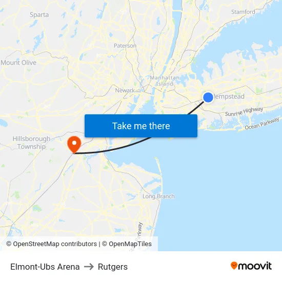 Elmont-Ubs Arena to Rutgers map