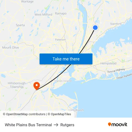 White Plains Bus Terminal to Rutgers map