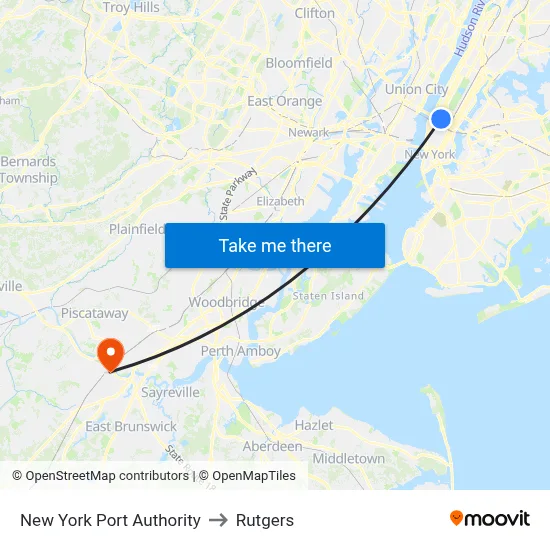 New York Port Authority to Rutgers map