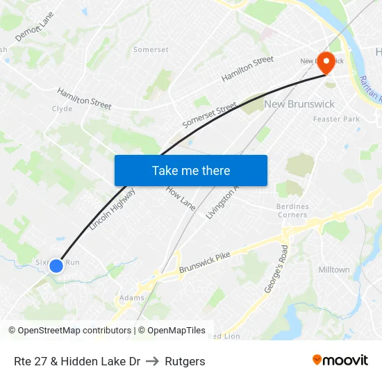 Rte 27 & Hidden Lake Dr to Rutgers map