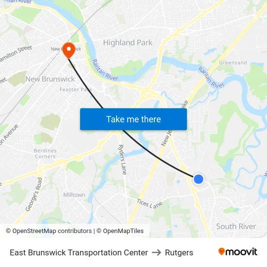East Brunswick Transportation Center to Rutgers map