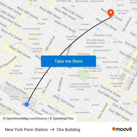 New York Penn Station to Cbs Building map