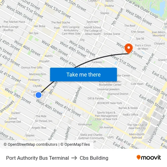 Port Authority Bus Terminal to Cbs Building map