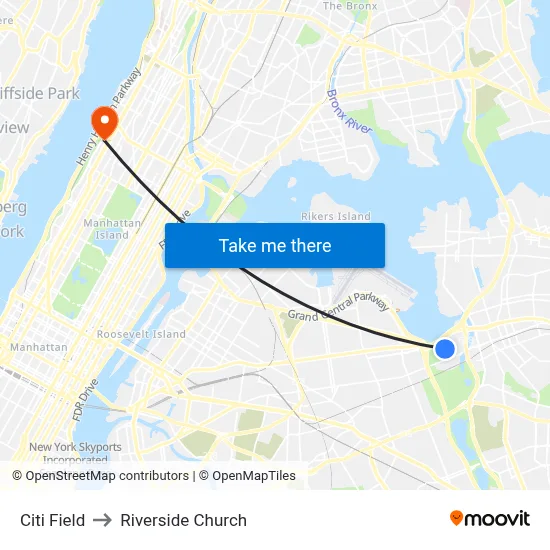 Citi Field to Riverside Church map