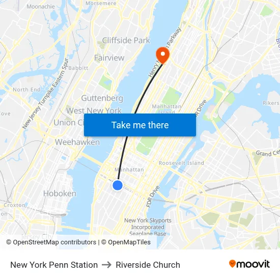 New York Penn Station to Riverside Church map